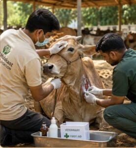 Two people treating a cow at a gaushala